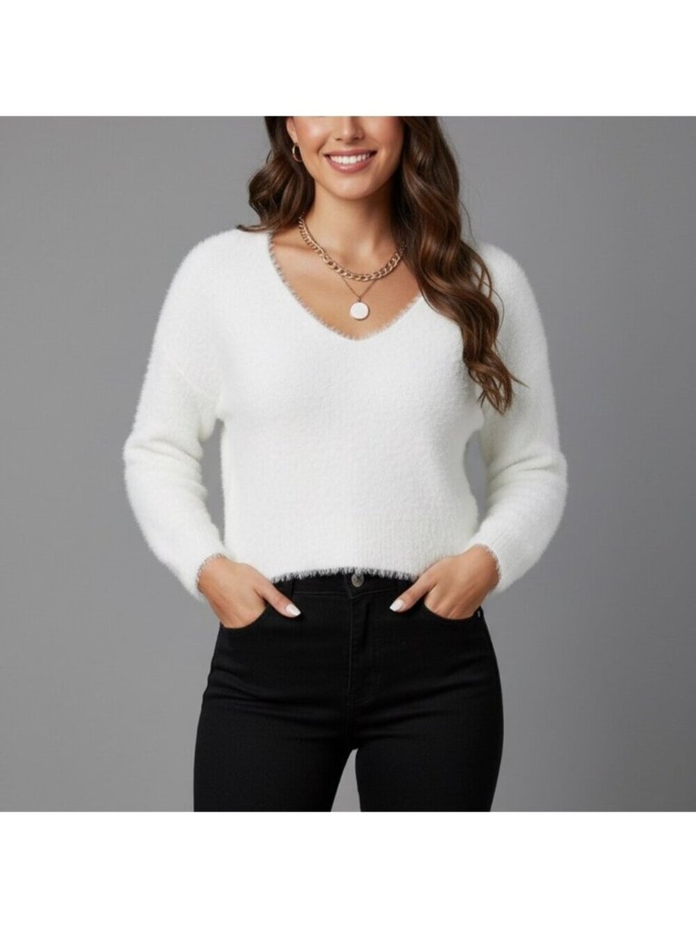 White Drop Shoulder Fuzzy Sweater
